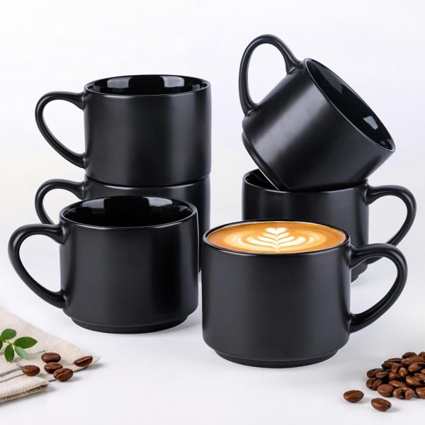 Stackable Matte Black Ceramic Mug Set (6-Piece)