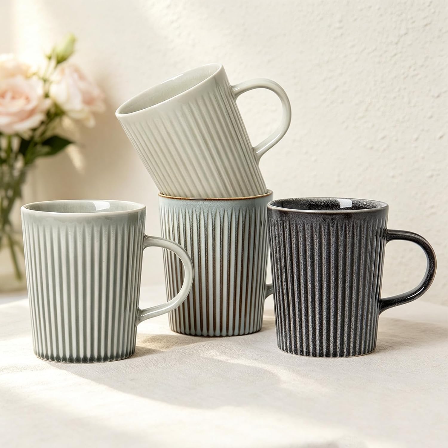 Modern Striped Stoneware Coffee Mug Set (4-Piece) With Handles