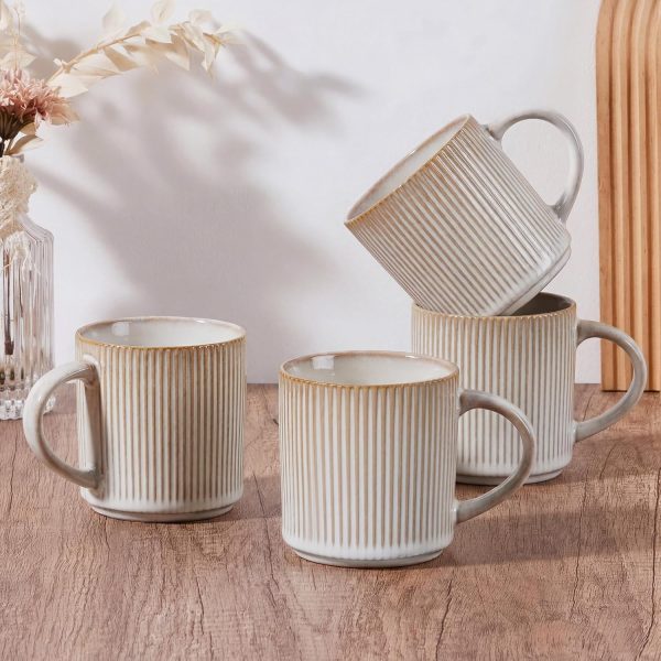 Cream-Beige Ceramic Mug Set (4-Piece) With Ribbed Design